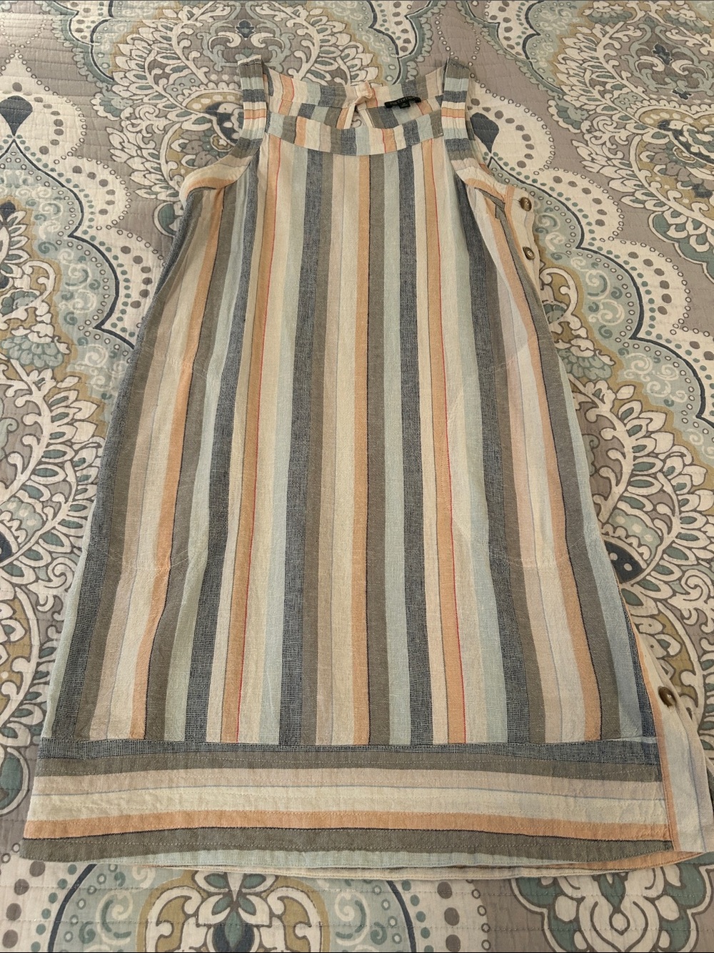 For Cynthia Vertical Stripe Linen blend Dress Cream, Tan, Gray, Blue and Orange